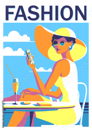 Girl with a phone on vacation. Summer poster