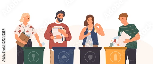 Bundle of cute funny people putting rubbish in trash bins, dumpsters or containers. Set of happy men and women practicing garbage collection, sorting and recycling. Flat cartoon vector illustration.