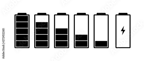 Battery charge indicator icons set. Charging level full power high to low and electric plug. Gadgets alkaline energy status vector illustration