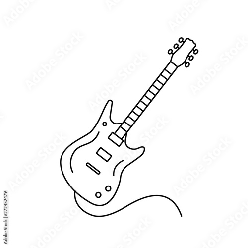 Linear icon electric guitar with a cord in the cartoon style. flat vector illustration