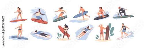 Obraz na płótnie Collection of cute funny people in swimwear surfing in sea or ocean