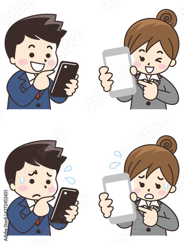 スマートフォンを使うビジネスマンとビジネスウーマン