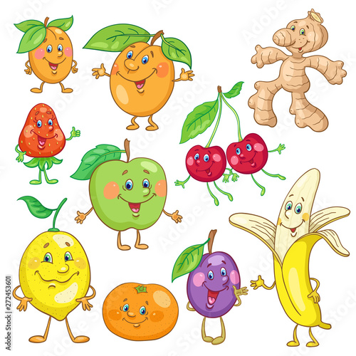 Collection of funny fruits and cute ginger.  In cartoon style. Isolated on white background. Vector illustration.