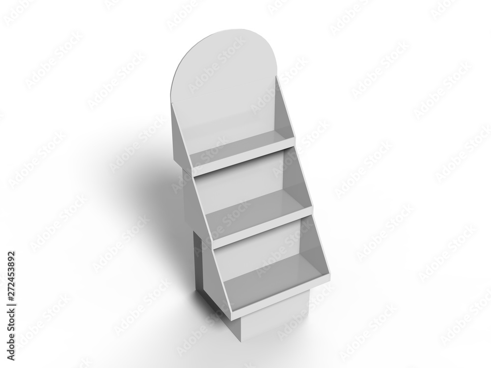 Blank cardboard advertising standee display 3 shelf for branding and mock up. 3d render illustration. Blank cardboard advertising standee display 3 shelf for branding and mock up. 3d render illustration.