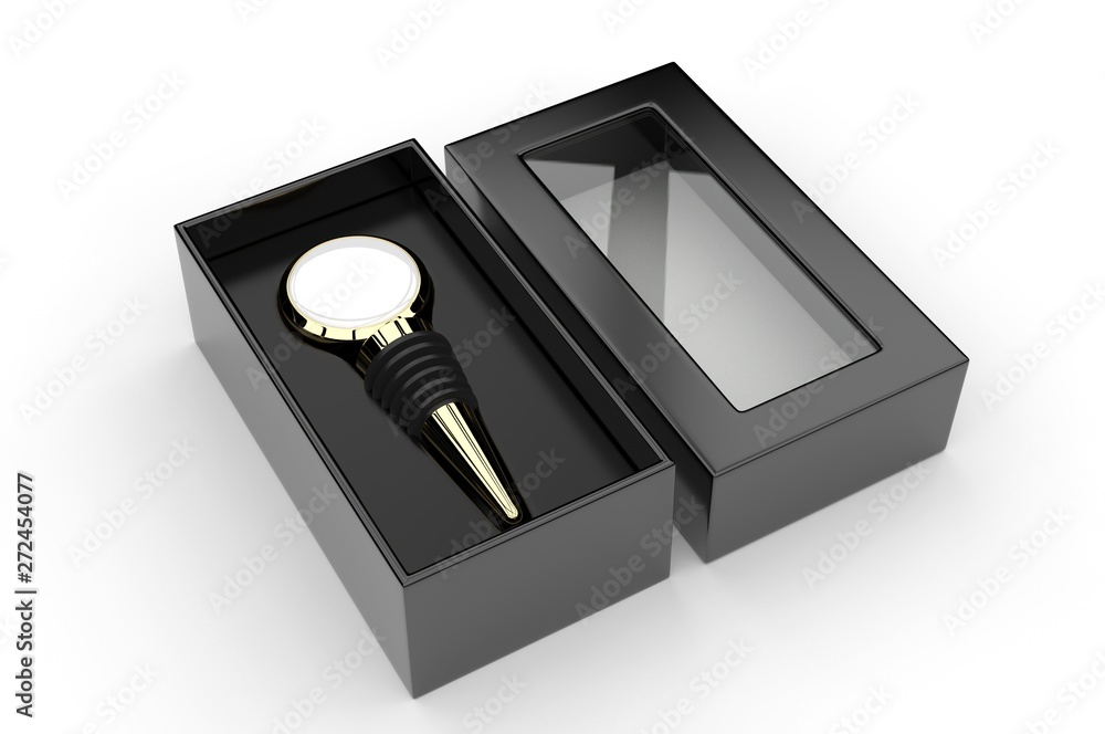 Blank Flat Top Wine Bottle Stopper with Hard Paper window Box Packaging For Branding And Mock Up. 3d Render Illustration. Blank Flat Top Wine Bottle Stopper with Hard Paper window Box Packaging For Branding And Mock Up. 3d Render Illustration.