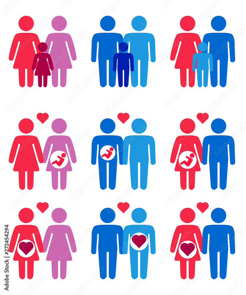 Gay, lesbian couples and family with children icons set