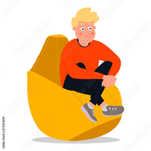 A young man sits in a pearl chair. Vector illustration on white background in cartoon style