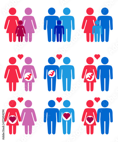 Gay  lesbian couples and family with children icons set