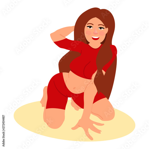 Sexy young woman standing in kneeling pose. Young woman in shorts standing on the floor. Vector illustration on white background in cartoon style