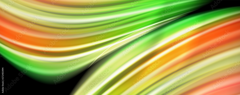 Naklejka premium Modern rainbow liquid color flow colorful poster. Wave Liquid shape in black color background. Abstract composition