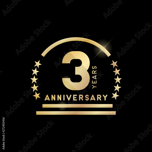 3 year anniversary golden emblem. Vector icon design.