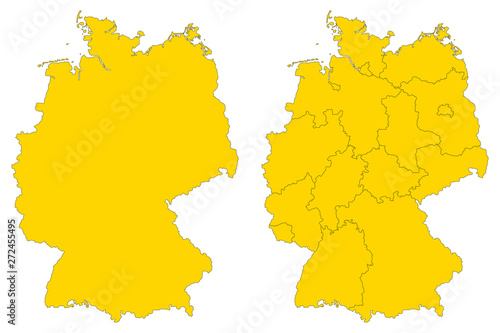 Set of vector yellow detailed maps of Germany isolated on white background
