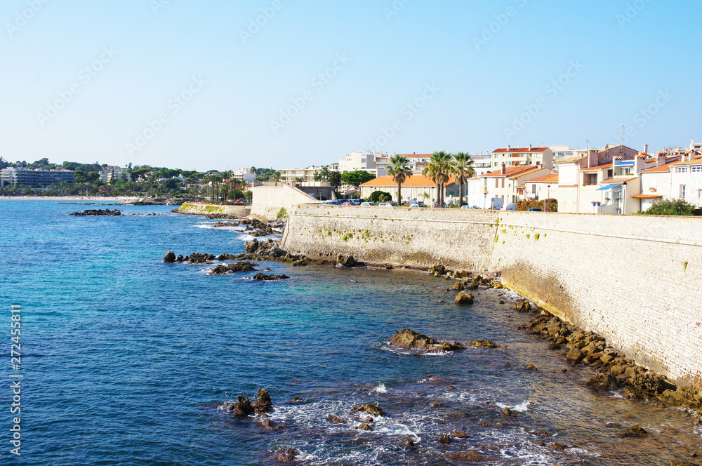 Cityscape of Antibes, France view to old city wall and sea