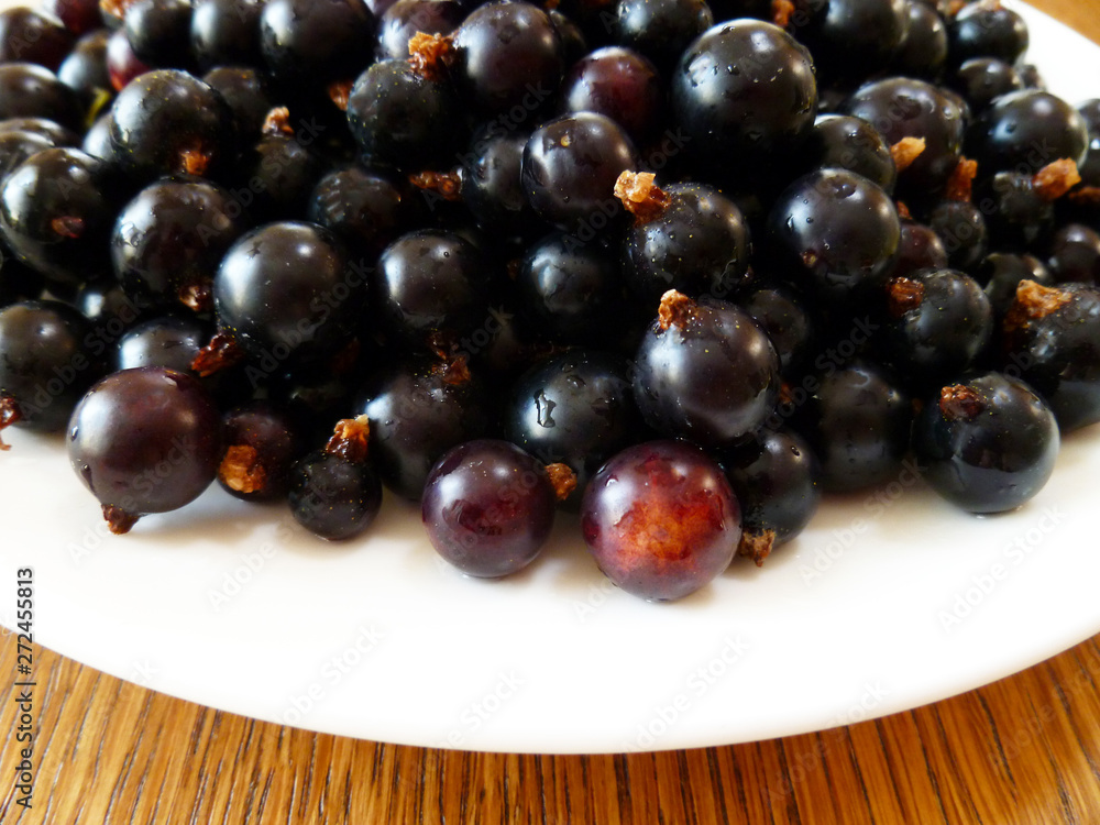 Blackcurrant berries.White plate full of freshly harvested and washed fresh ripe black currant. Healthy food, berry snack dessert. Closeup. Summer background. Blackcurrant berries.White plate full of freshly harvested and washed fresh ripe black currant. Healthy food, berry snack dessert. Closeup. Summer background.