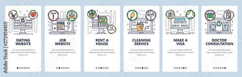Mobile app onboarding screens. Online internet services, rent a house, online doctor, dating website and job search. Vector banner template for website and mobile development. Web flat illustration
