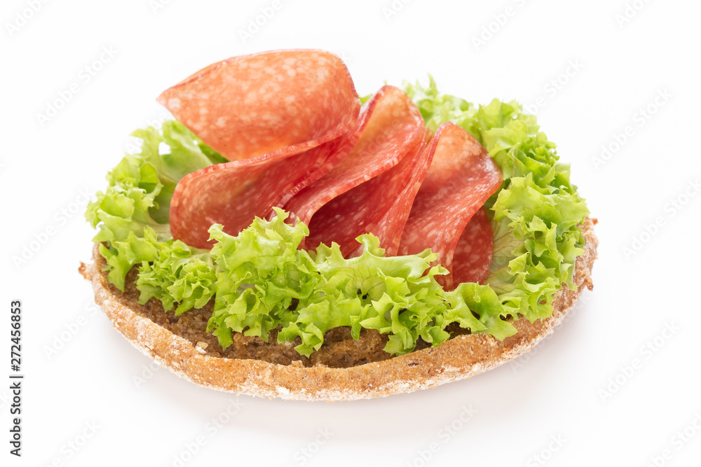 Sandwich with salami sausage on white background. Sandwich with salami sausage on white background.
