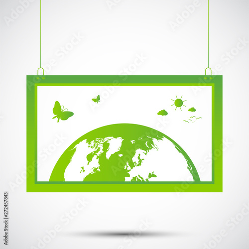 Green Globe In The Frame.Ecology and Environmental Concept,Vector Illustration
