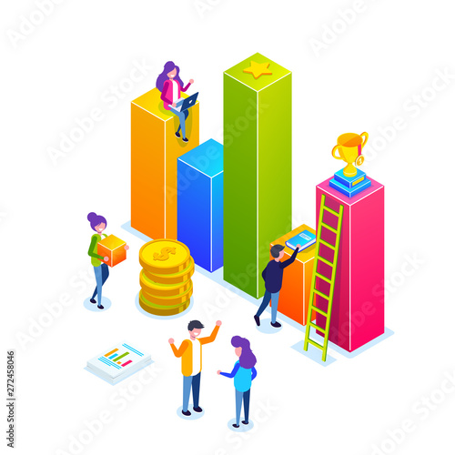 Business infographic or growth chart. small people build a business process. Discussion of plans for business development. Let to success. Vector isometric 3d illustration.