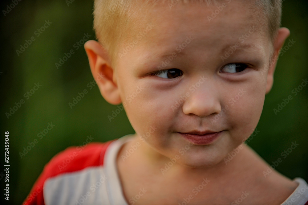 Rustic boy in t-shirt posing in farmyard. child is happy in the village on vacation Rustic boy in t-shirt posing in farmyard. child is happy in the village on vacation