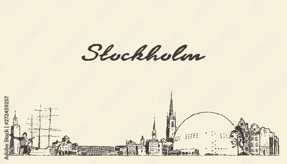 Stockholm skyline Sweden hand drawn vector sketch