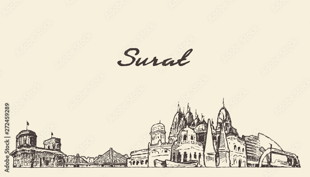 Surat skyline, Gujarat, India, drawn vector sketch