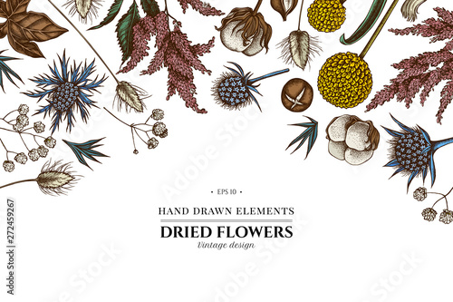 Floral design with colored astilbe, craspedia, blue eryngo, lagurus, cotton, gypsophila