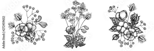 Flower bouquet of black and white lagurus, cotton, gypsophila