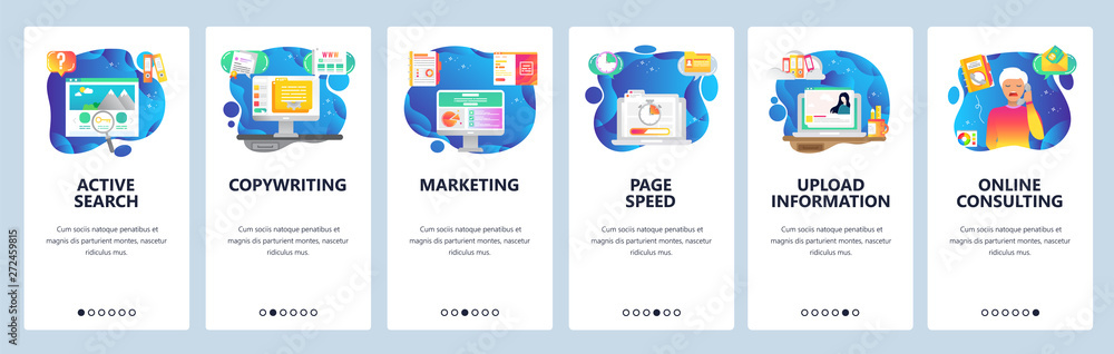 Mobile app onboarding screens. Digital marketing, information search, copywriting, page speed. Menu vector banner template for website and mobile development. Web site design flat illustration