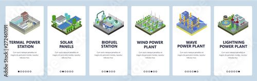 Mobile app onboarding screens. Energy generation industry, power plant, solar panels, wind fields. Menu vector banner template for website and mobile development. Web site design flat illustration