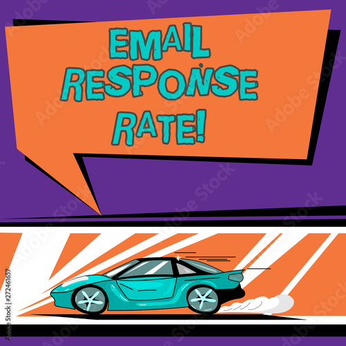 Conceptual hand writing showing Email Response Rate. Business photo text percentage showing saw something then completed action Car with Fast Movement icon and Exhaust Smoke Speech Bubble