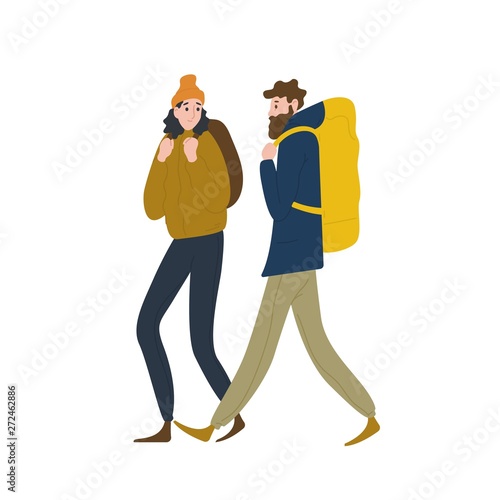 Pair of cute backpackers walking together. Boyfriend and girlfriend hiking or backpacking in nature. Male and female tourists or hikers in adventure travel. Flat cartoon colorful vector illustration.