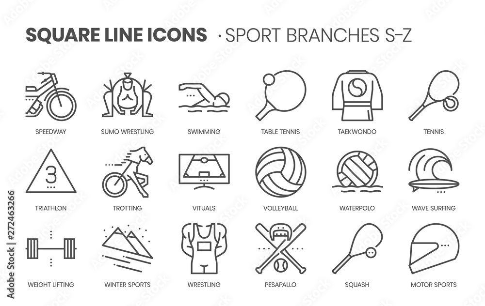 Fototapeta premium Sport branches related, square line vector icon set for applications and website development. The icon set is pixelperfect with 64x64 grid. Crafted with precision and eye for quality.