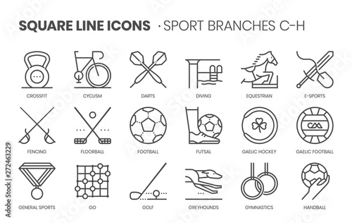 Sport branches related, square line vector icon set for applications and website development. The icon set is pixelperfect with 64x64 grid. Crafted with precision and eye for quality.