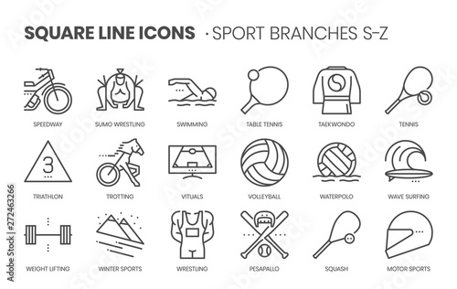 Sport branches related, square line vector icon set for applications and website development. The icon set is pixelperfect with 64x64 grid. Crafted with precision and eye for quality.
