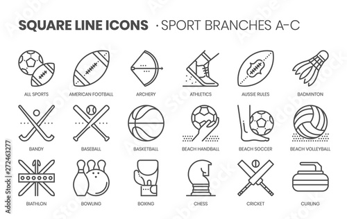 Sport branches related, square line vector icon set for applications and website development. The icon set is pixelperfect with 64x64 grid. Crafted with precision and eye for quality.