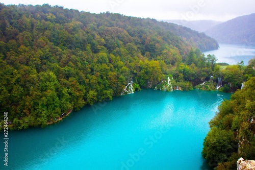 Amazing breathtaking landscape in Plitvice National Park, Croatia. Lakes and waterfalls in forest. Crystal clear azure blue water. Top view of Plitvice Lakes.