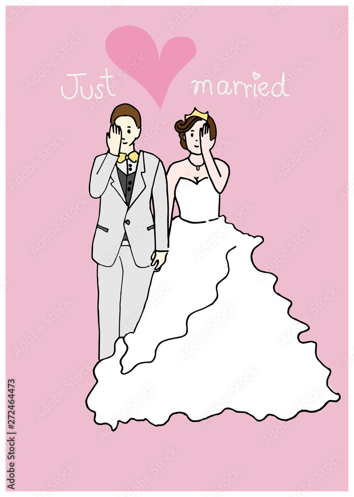Hand drawing of bride and groom in a pink background Hand drawing of bride and groom in a pink background