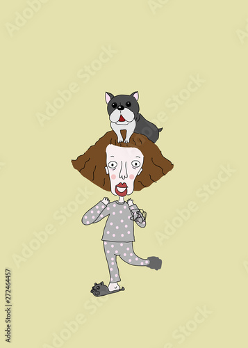 Curly short hair girl wears gray with pink dot pajamas and a pair of dog's face slipper plays with French Bulldog on yellow background.