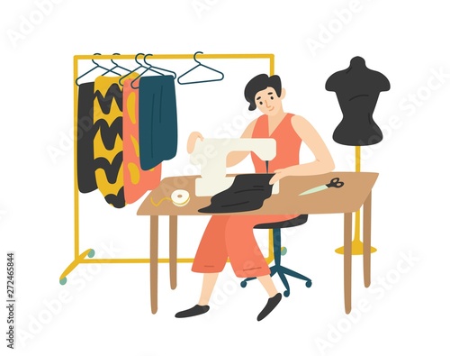 Cute lovely girl sitting at desk with sewing machine and enjoying her hobby. Fashion designer, needlewoman or seamstress working at home. Adorable female character. Flat cartoon vector illustration.