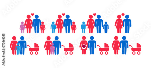 Gay, lesbian couples and family with children icons set