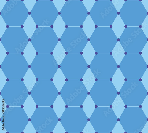 seamless background of blue dots and hexagons on pastel blue
