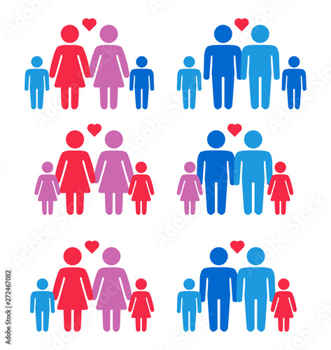 Gay  lesbian couples and family with children icons set