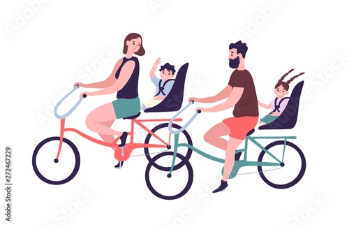 Happy family riding tandem bicycles or bicycling. Cute smiling mother, father and children on bikes. Parents and kids bicyclists performing sports activity outdoors. Flat cartoon vector illustration.