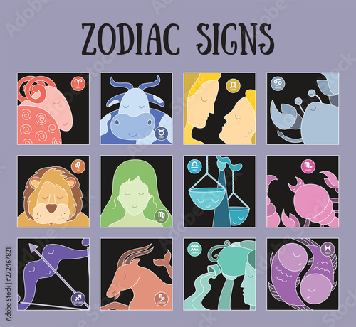 Zodiac signs: aquarius, libra, leo, taurus, cancer, pisces, virgo, capricorn, sagittarius, aries, gemini, scorpio. Astrological calendar collection, zodiacal color vector horoscope. Colorful elements