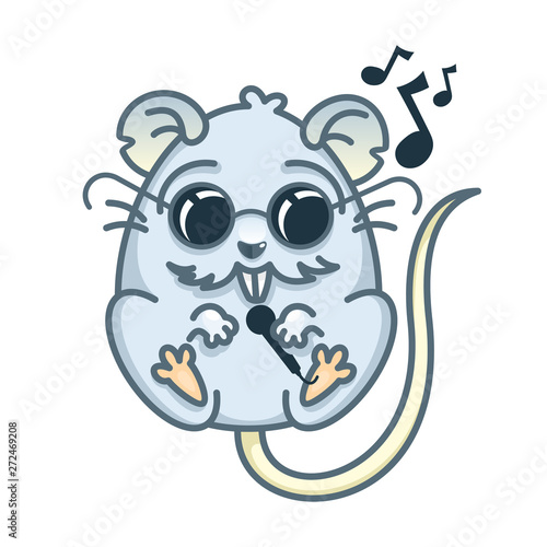 Vector illustration of Cartoon rat. Cute rat in black glasses and a microphone in hand, sings songs