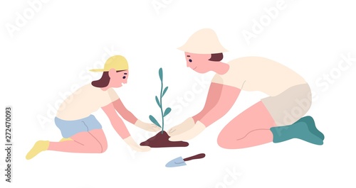 Adorable mother and daughter planting seedling or tree in garden. Happy smiling mom and child cultivating plant outdoors. Family recreational activity. Flat cartoon colorful vector illustration.
