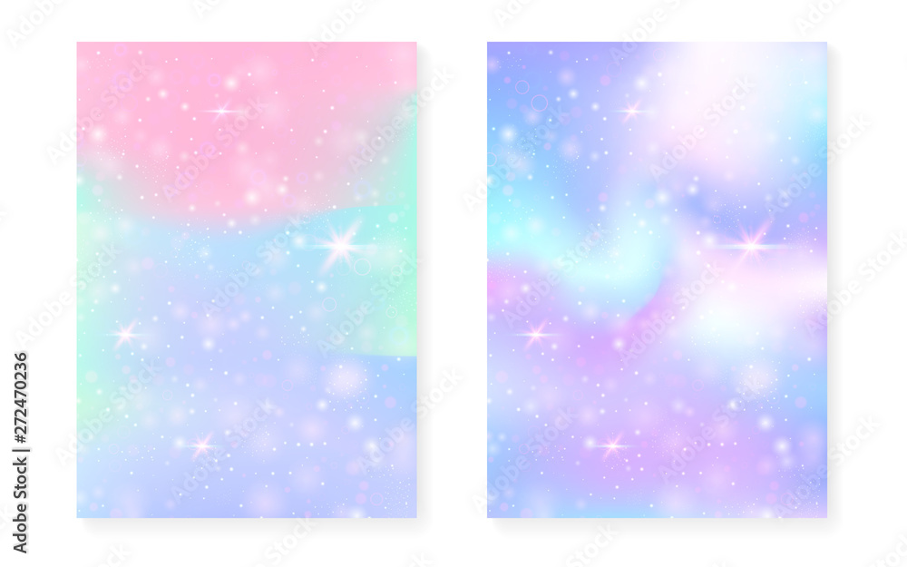 Rainbow background with kawaii princess gradient. Magic unicorn hologram. Holographic fairy set. Trendy fantasy cover. Rainbow background with sparkles and stars for cute girl party invitation. Rainbow background with kawaii princess gradient. Magic unicorn hologram. Holographic fairy set. Trendy fantasy cover. Rainbow background with sparkles and stars for cute girl party invitation.