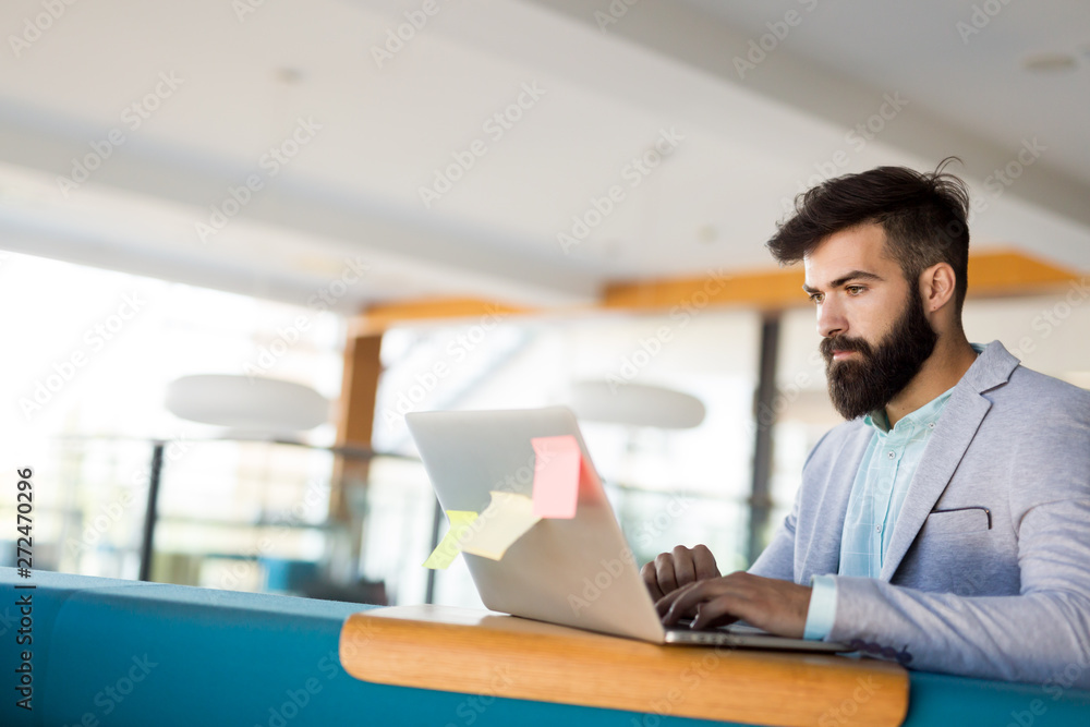 Handsome businessman working on laptop in office Handsome businessman working on laptop in office