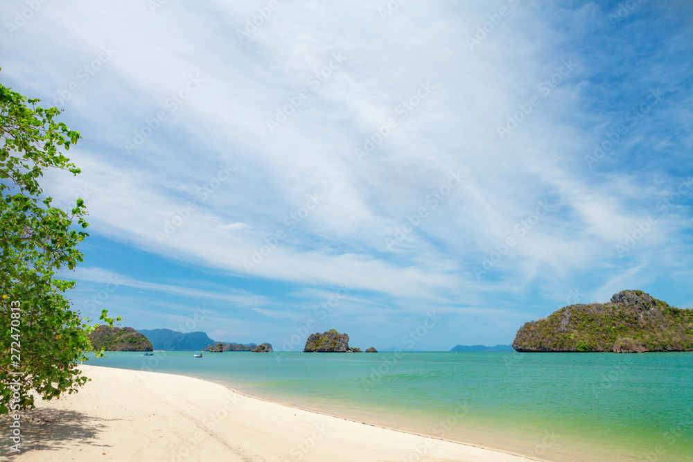 Fototapeta premium Tropical beach with bright sand and deep blue sea