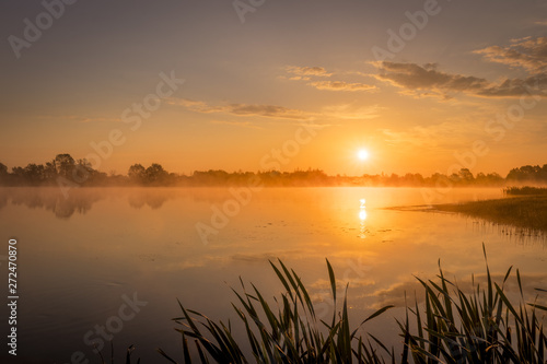 Sunrise above the pond with cloudy sky at summer.